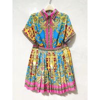 2026 Summer Women's Retro Geometric Printed Collar Short Sleeve Shirt Two Piece Set+Loose pleated Short Skirt Fashion Set