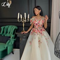 Lily Ivory Organza Evening Dresses Floral Appliques Prom Dresses Beaded Formal Gown A Line Lace Up Back robe de bal Customized