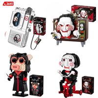 JAKI Chainsaw Massacre Series Building Blocks Billy The Puppet Pig Mask Assembly Model Salll Tape Recorder Toy Ornament Gift