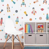 Space Rocket Ship Wall Sticker Baby Nursery Kids Room Watercolor Planet and Star Astronaut Wall Decal Bedroom Playroom Home