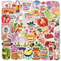 50Pcs Retro Cute Food Pattern Waterproof Decals For Luggage Laptop Phone Decor Golden Memory Stickers Store