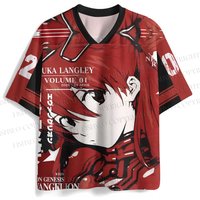 Men's New Asuka Langley Jersey NERV Logo V-Neck Short Sleeve Neon Genesis Evangelion Anime Mecha Fan Casual Streetwear