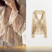 Spring Women's Loose Fit Lace Shirt Thin V-Neck Knot Tie French Style Long Sleeve Casual Fashion Pure Desire Trend