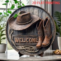 2D flat decorative signs - retro cowboy welcome signs, hats and boots, circular wooden wall art, garden wall decorations