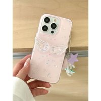 Korean INS Glittering Pink 3D Crystal Wings with Fluffy Wrist Chain Phone Case for iPhone 16 15 14 13 Pro Max Back Cover Capa