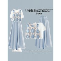Elegant Summer Outfit Women's Ethnic Style Hollow Top T-shirt Korean Slimming Casual Pants Three-piece Set plus Size