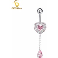 G23Titan Pink Zircon Crystal Heart Navel Piercing Women Jewelry Hanging Long Chain Dangle Belly Button Ring 14G Titanium Barbell