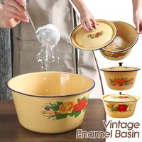 Vintage Enamel Mixing Bowl with Lid - Retro Kitchen Storage Container for Salad Soup Rice Vegetables, Durable Enamelware Basin