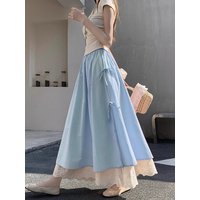 High Waist A-Line Midi Skirt Women's Summer 2026 New Style Lace Trim Pleated Draping Long Skirt Commute Friendly Breathable