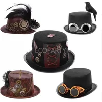 Retro Gothic Men Steampunk Period Crow Hat Cosplay Halloween Women Gear Feather Nonwoven Mini Hat Magician Hat Stage Performance