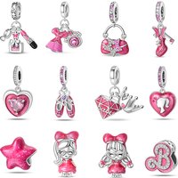100% 925 Sterling Silver Fashion Pink Princess Skirt Bag Lipstick Charms Beads Fit Qikaola Original Bracelets DIY Jewelry Gifts