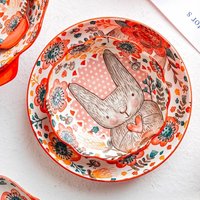 1pc Hand-painted Cute Rabbit Bowl and Plate Underglaze Ceramic Household Soup Bowl Commercial Noodle Bowl Tableware
