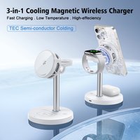 3-in-1 Magnetic Wireless Charger Stand with TEC Semiconductor Cooling, 15W for iPhone 17 16 15 14 13 12, iWatch & for AirPods