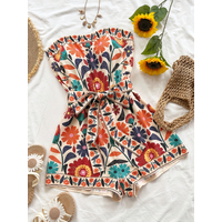 Women's summer colorful folk printed crop top and shorts jumpsuit, suitable for beaches, music festivals, hippie styles, partie