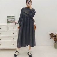 Johnature New Women Emboridery Floral Vintage Linen Loose Dress 2025 Autumn Solid Color Ruffles Full Sleeve Female Dresses