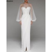 New Women's Sexy Pearl White Mesh Sleeve Dress Banquet Sexy Elegant Women Evening Party Long Dress Club Wedding Bridesmaid Dress