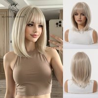 Platinum Blonde 12 Inch Layered Bob Wig with Bangs Heat Resistant Synthetic Fiber Natural Straight for Women Daily Party Cosplay