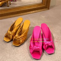 Rose Red Satin High Heel Slippers Women Sexy Sqaure Toe Slip On Stiletto Heel Slingback Elegant Solid Color Party Dress Mules