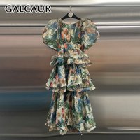 GALCAUR Colorblock Slimming Spliced Print Dress for Women Round Neck Short Sleeves Patchwork Ruffles Fold Dresses Female Fashion