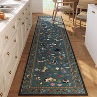 Vintage Cat Runner Rug Colorful Kitten Floral Print Carpet Home Decor Non-Slip Animals Floormat for Hallway Entryway Bedroom