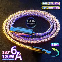 120W Glowing LED Fast Charging Cable 180° Rotatable RGB 6A USB A to Type C Micro USB for Xiaomi Huawei Samsung Charging Cable