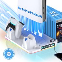 PS5/PS5 Slim/PS5 Pro Cooling Stand, Dual Controller Fast Charging Dock, RGB Lighting, Game Disc Storage Rack