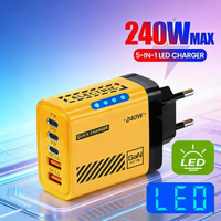 5 Port USB C Fast Charger 240W GaN Quick Charge 3.0 Wall Adapter with LED Light for iPhone 16 15 17 Pro Samsung Xiaomi Huawei