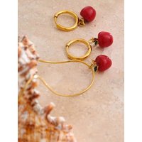 Yhpup Red Enamel Apple Pendant Necklace Earrings Tarnish Resistant Stainless Steel Fruit Jewelry 18K Golden Plated Accessories