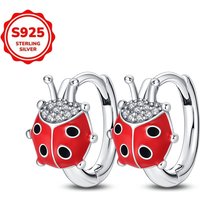 925 Sterling Silver Red Beetle Ladybug Double Hoop Earrings Studs Women Original Fine Engagement Anniversary Jewelry Gifts