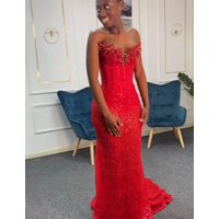 Red Long Prom Dresses For Black Girls Sheer Beaded Sparkly American African Evening Gowns Birthday Party Robe Customized