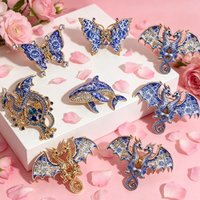 Blue & White Porcelain Style Brooch, Dragon/Butterfly/Whale Rhinestone Lapel Pin, Vintage Animal