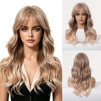 Ombre Rose Gold Long Wavy Wig For Women 20 Inch Natural Layered Air Bangs Wig Heat Resistant Breathable Daily Cosplay Party Wig