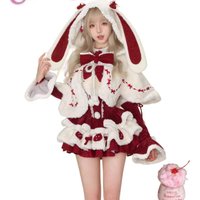 Winter Christmas Lolita 3 Piece Sets Women Kawaii Plush Bunny Ear Hooded Cloak Coat Bow Mini Dresses Korean Style Y2k Sweet Suit