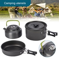 3PCS Travel Cutlery Utensils Pot Pan Kettle Set Outdoor Cookset Cooking Kit with Mesh Bag for Camping Backpacking Outdoor Picnic