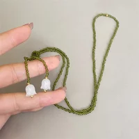 Trendy Lily of The Valley Pendant Necklace Women Elegant Green Crystal Beads Sweater Chain Long Necklace Fashion Jewelry