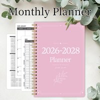 1PC 2026-2028 Monthly Planner, Pink Minimalist Botanical Cover Spiral Calendar Notebook, PP Cover, 100GSM Paper, Mini Calendars