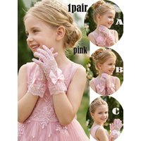 1 Pair Super Elastic Pink Lace Gloves For 4-12Y Girls Wedding Flower Girl Dance Princess Photo Props