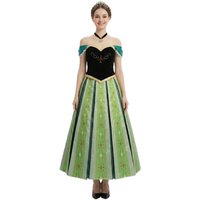 Frozen Anna Princess Cosplay Dress Adult Women Off Shoulder Green Striped Long Gown for Halloween Carnival Birthday Party