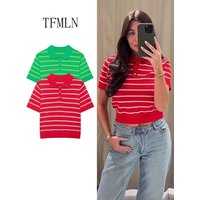 Vintage Women Striped Knitted Sweaters Chic Causal Polo Collar Short Sleeve Pullover Tops Fashion Street Knitwear 2026 Summer