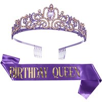 Purple Birthday Queen Crystal Tiara Crown and Satin Sash Gifts for Women Happy 30 40 50 60 70 Birthday Party Decoration Supplies