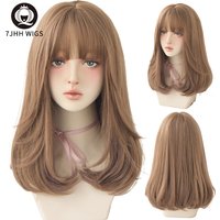 7JHH WIGS Long Wavy Brown Synthetic Wigs With Bang For Women Fashion Ombre Chocolate Daily Wear Crochet Bob Cosplay Hair