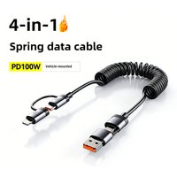 100W Spring Data Cable USB Type C For iPhone 16 Huawei Samsung 6A Extendable Four-In-One Retractable USB C Fast Charging Cord