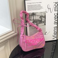 Custom Logo Ruched Handle Hobo Bag Pink Nylon Bag with Bow Tie Casual Cloud Shoulder Bag Women Personalized Print Y2K Aesthetic