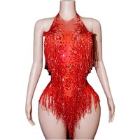 Sparkly Rhinestone red Bodysuit Tassel Leotard Nightclub Dance Wear Show for womens Stage DJ party Singer Team dance costumes