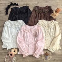 Kawaii Lolita White Bow Shirts Women Japanese Cutecore Lace Ruffles Pink Blouses Harajuku Gothic Black Long Sleeve Casual Tops