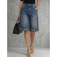 Bonboho Women's Eyelet Trim Denim Shorts Mid Blue High Waisted Wide Leg Bermuda Style Short Jeans 2026 New Streetwear Pants