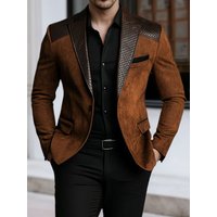 Men's Brown Blazer Jacket Fake Suede Leather Patchwork Black Accents Lapel Long Sleeve Formal Business Casual Man Suit Jackets
