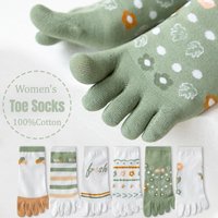 5 Pairs Women's Low Cut Five Toe Socks 100% Cotton Green Plants Flowers Invisible Toe Socks Moisture-wicking Casual Socks