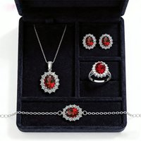 Princess Diana Style 4PCS Oval Gemstone Jewelry Set 925 Silver Necklace Earrings Ring Bracelet Wedding Bridal Gift