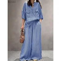 ZANZEA Fashion Summer 2 Piece Sets Plaid Outfits Women Casual Half Sleeve Blouse Wide Leg Pants Sets Loose Tracksuit Streetwear
